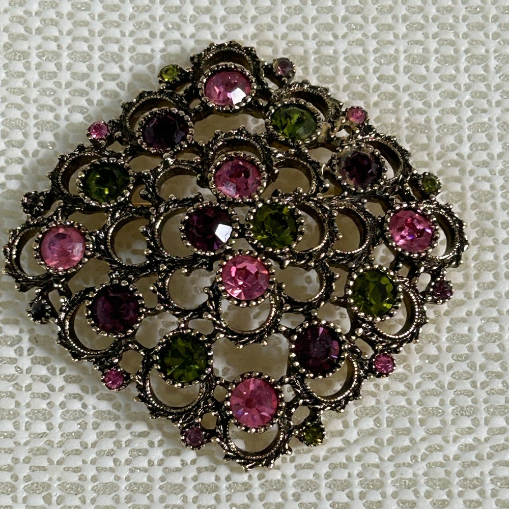 Sarah Coventry “Austrian Lites” Pink and Green Vintage Brooch - Picture 1 of 6